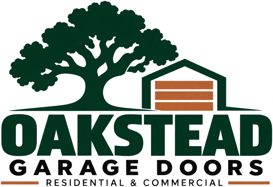 Oakstead Garage Doors logo: an oak tree beside a garage with a copper door