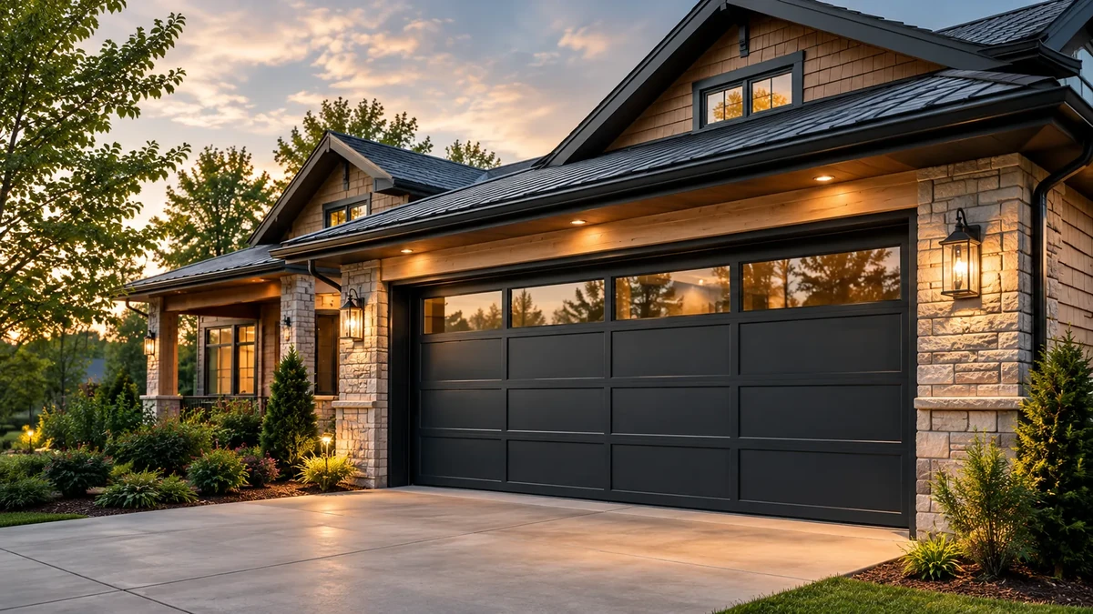Craftsman-style home with stone pillars and a black two-car garage door with a row of windows, lit at dusk