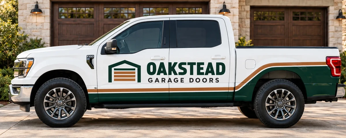 Oakstead Garage Doors service truck parked in front of a stone home with wood carriage-style garage doors